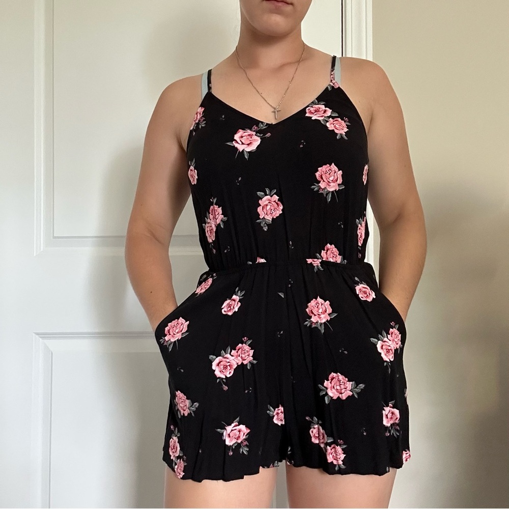 Black Romper with Pink Floral Design